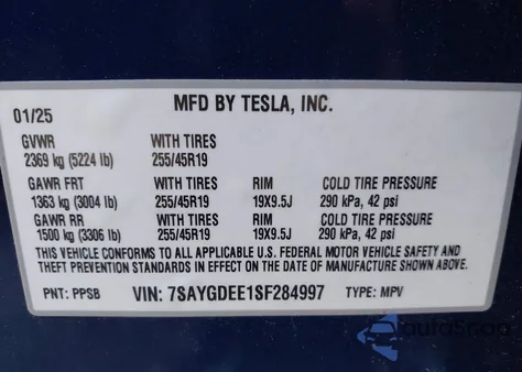 2025 Tesla Model Y Long Range Dual Motor All-Wheel Drive из США, поврежденный, VIN 7SAYGDEE1SF284997